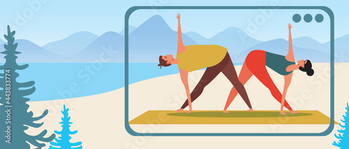 Couple yoga blog, copy space template, flat vector stock illustration with couple doing yoga asanas online or yoga exercises in the mountains for design