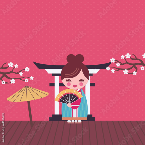 Cute little Japanese Geisha woman cartoon vector illustration. Kokeshi doll cartoon vector