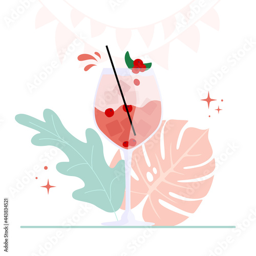 A strawberry-colored cocktail drink with ice cubes, a black cocktail tube and red berries inside is waiting for the party guests to drink.
