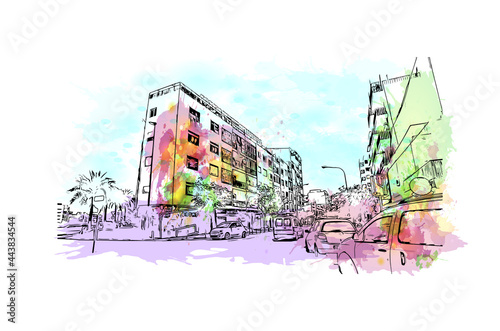 Building view with landmark of Ibiza town is the capital of Ibiza. Watercolor splash with hand drawn sketch illustration in vector.