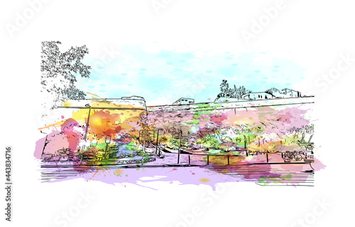 Building view with landmark of Ibiza town is the capital of Ibiza. Watercolor splash with hand drawn sketch illustration in vector.