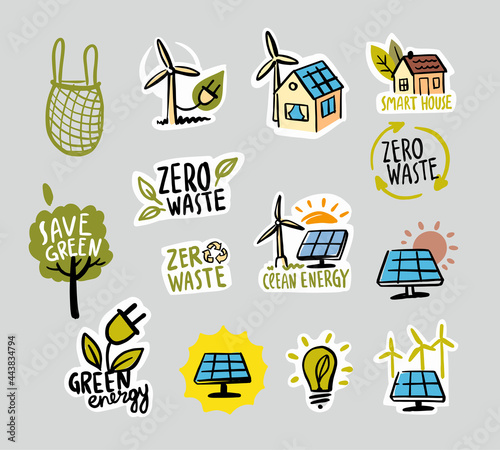 Wind turbines and solar panels sketch vector sticker