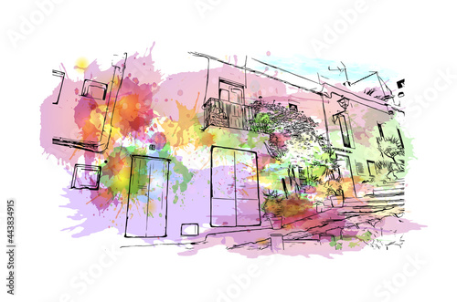 Building view with landmark of Ibiza town is the capital of Ibiza. Watercolor splash with hand drawn sketch illustration in vector.