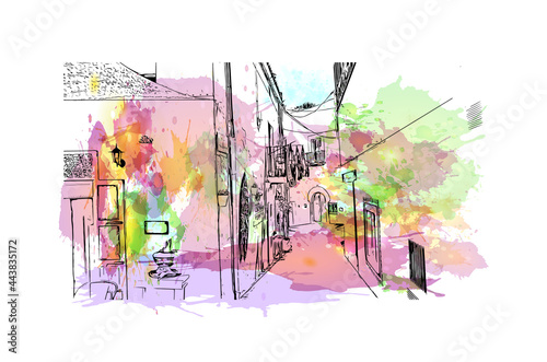Building view with landmark of Ibiza town is the capital of Ibiza. Watercolor splash with hand drawn sketch illustration in vector.