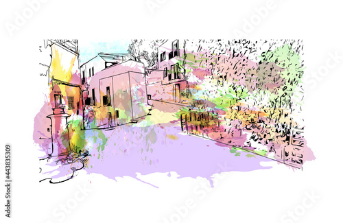 Building view with landmark of Ibiza town is the capital of Ibiza. Watercolor splash with hand drawn sketch illustration in vector.