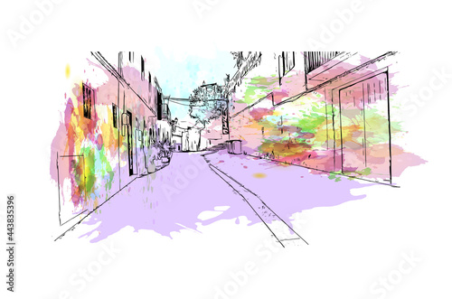 Building view with landmark of Ibiza town is the capital of Ibiza. Watercolor splash with hand drawn sketch illustration in vector.