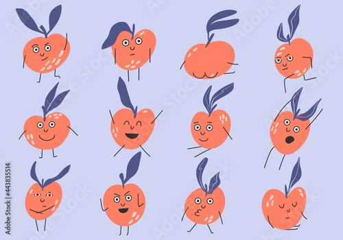 Funny fruits doing activities. Peach mascot in flat style. Trendy illustration concept of peach character. Cute cartoon fruits  with different emotions. Hand drawn stickerpack of fruit emotions.Vector