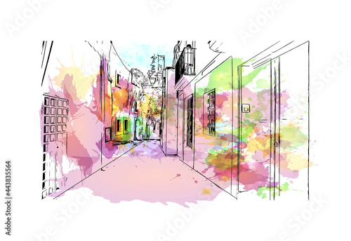 Building view with landmark of Ibiza town is the capital of Ibiza. Watercolor splash with hand drawn sketch illustration in vector.