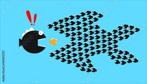 Big fish chasing small fish and group of fish chasing big fish on blue background. Business and teamwork concept.