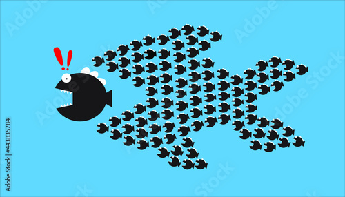 Big fish escape from group of fish chasing big fish on blue background. Business and teamwork concept.