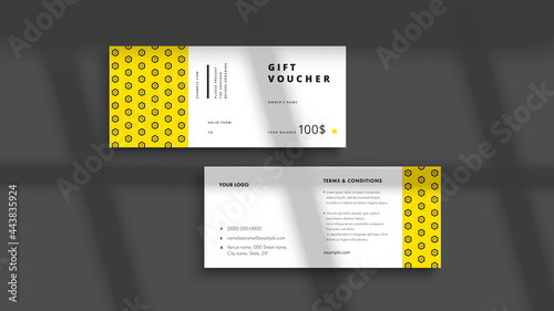 Abstract gift voucher card template. Modern discount coupon or certificate layout with geometric shape pattern. Vector fashion bright background design with information sample text.