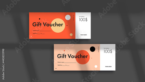 Abstract gift voucher card template. Modern discount coupon or certificate layout with geometric shape pattern. Vector fashion bright background design with information sample text.