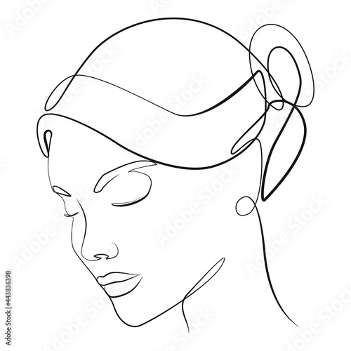 Close-up woman's head with hairstyle line drawing on white isolated background