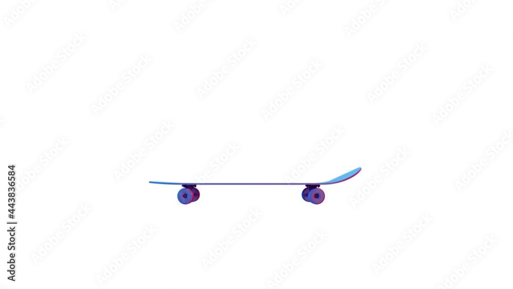 Close up neon colorful skateboard ride to jumping in the air, 3d rendering looping animation movement with alpha channel, isolated white background. Close up neon colorful skateboard ride to jumping in the air, 3d rendering looping animation movement with alpha channel, isolated white background.