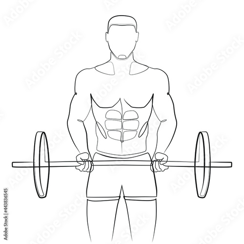 The athlete lifts the heavy barbell one line drawing on white isolated background