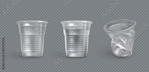 Plastic cups, crumpled and full of water disposable mugs isolated on transparent background. Crumple trash, used empty container for beverages, pollution concept, Realistic 3d vector illustration