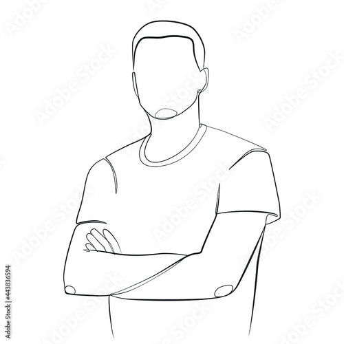 A man stands with his arms crossed on his chest one line drawing on white isolated background