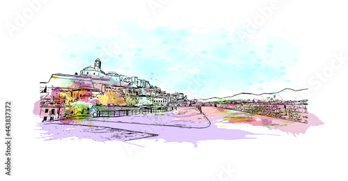 Building view with landmark of Ibiza town is the capital of Ibiza. Watercolor splash with hand drawn sketch illustration in vector.