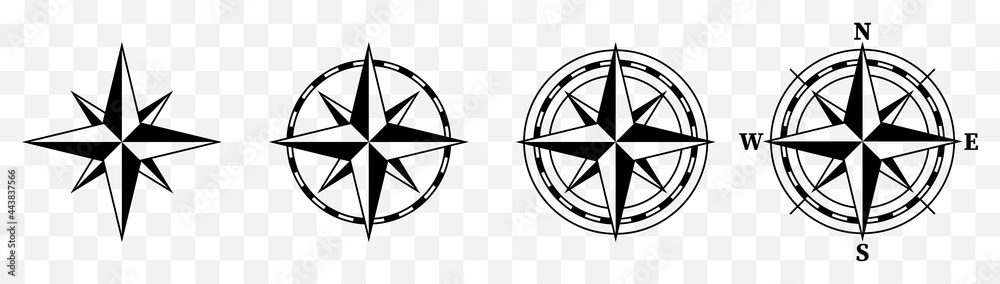 Compass black icon set . Wind rose signs. Cardinal compass symbols : North, South, East, West. Isolated realistic design, vector illustration on white background. - obrazy, fototapety, plakaty 