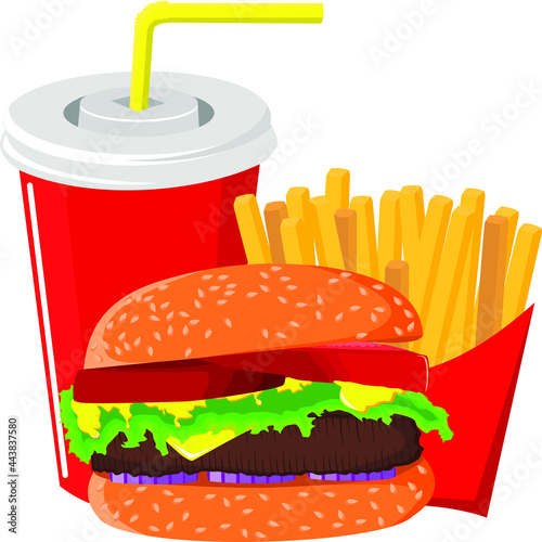 Hamburger with french fries and cola drink