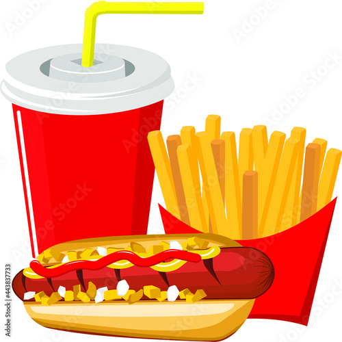 Beef hot dog with french fries and cola drink