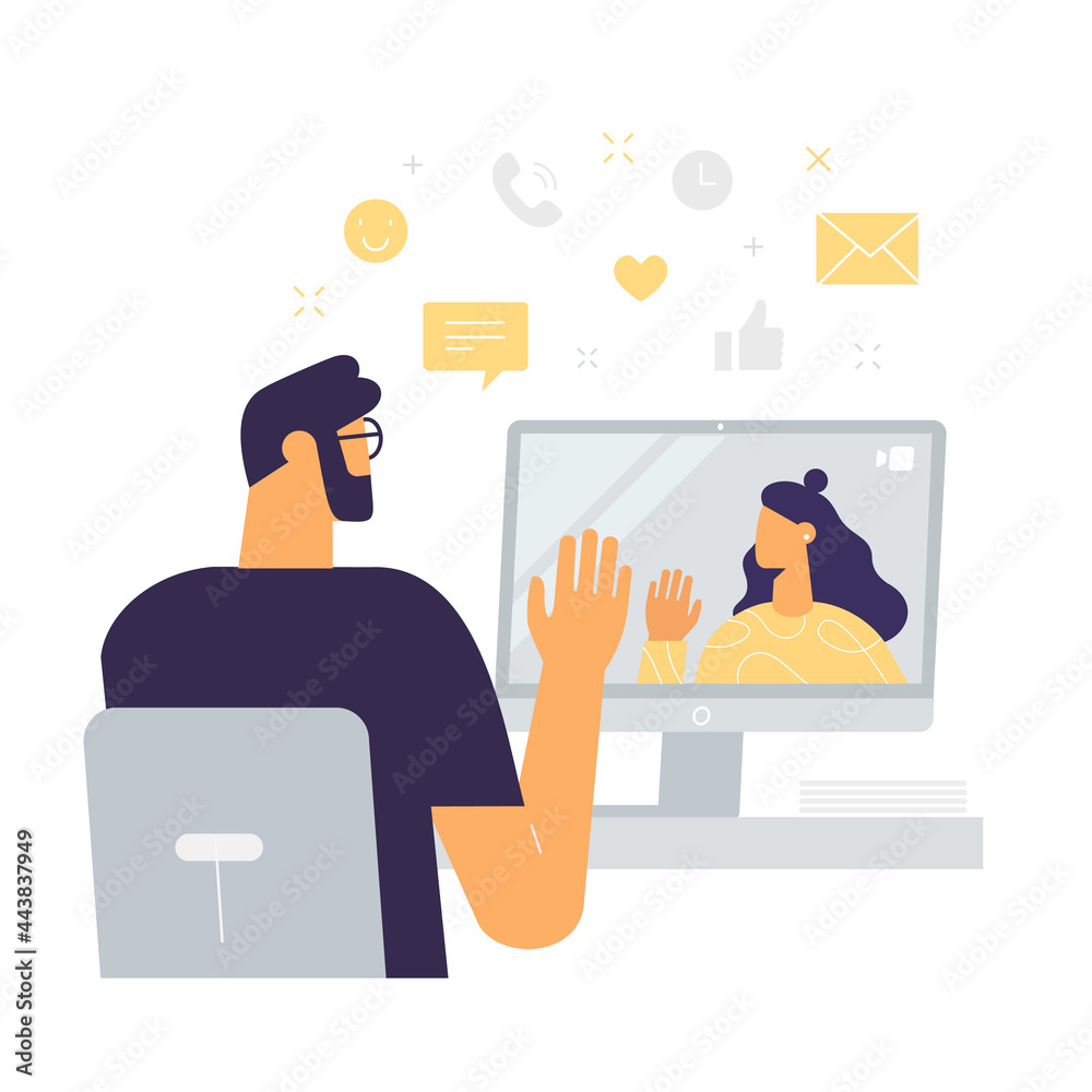 Fototapeta premium Remote communication via video call. Online meeting. Distant business, dating or education. Girl and guy waving to each other. Social line icons. Vector illustration, flat style, isolated