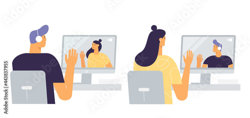 Remote communication via video call. Online meeting. Distant business, dating or education. Man and woman in the office. Vector illustration, flat style, isolated