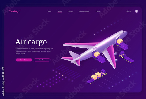 Air cargo isometric landing page. Airplane transport logistics, global delivery company service, freight import export by plane, aircraft goods world transportation business, 3d vector web banner
