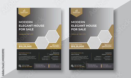 Real estate flyer design template, property sale flyer with black colour vector illustration	