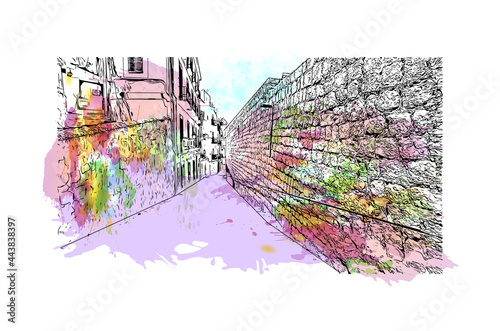Building view with landmark of Ibiza town is the capital of Ibiza. Watercolor splash with hand drawn sketch illustration in vector.