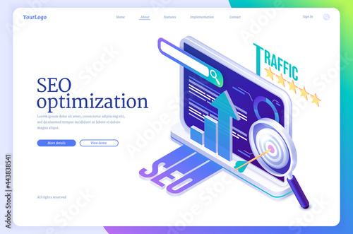 SEO search engine optimization isometric landing page. Technology for internet marketing and digital business content. Computer device desktop with traffic and analysis charts, 3d vector web banner