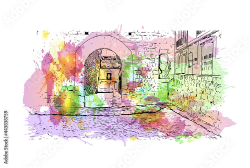 Building view with landmark of Ibiza town is the capital of Ibiza. Watercolor splash with hand drawn sketch illustration in vector.