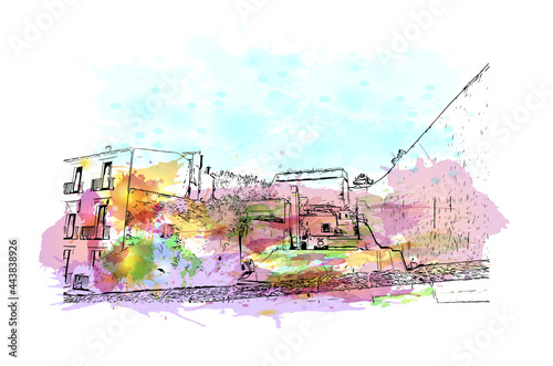 Building view with landmark of Ibiza town is the capital of Ibiza. Watercolor splash with hand drawn sketch illustration in vector.