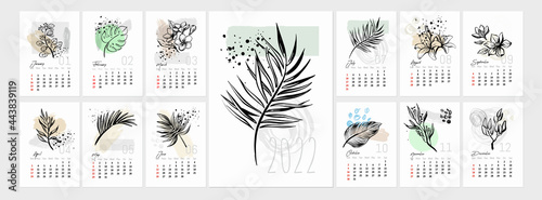Vector art tropical flower Calendar 2022 year. Leaf tropic on geometric shapes background. 
