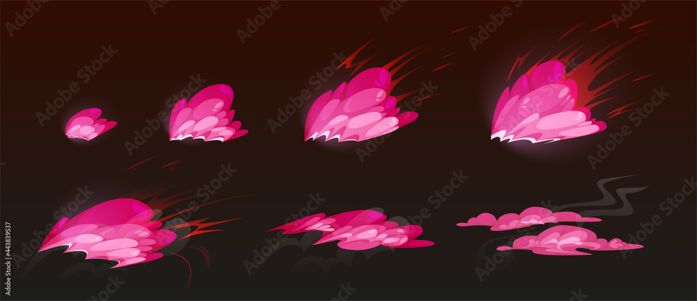 Pink burst sprites for game or animation. Vector storyboard of cartoon explosion with color clouds. Set of sequence explode with pink powder or dust splash isolated on black background