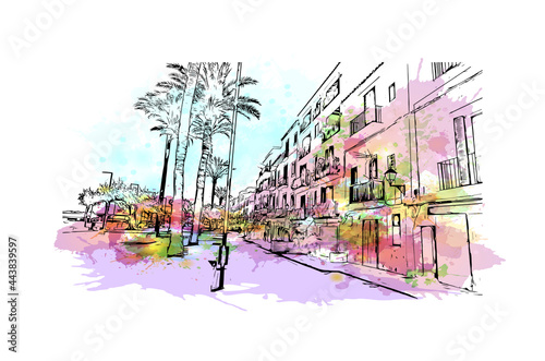 Building view with landmark of Ibiza town is the capital of Ibiza. Watercolor splash with hand drawn sketch illustration in vector.