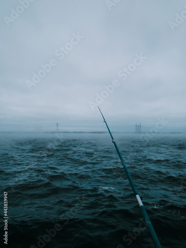 Fishing concept: spinning rod thrown into the river. Cloudy weather, evening. Vertical photography, copy space.