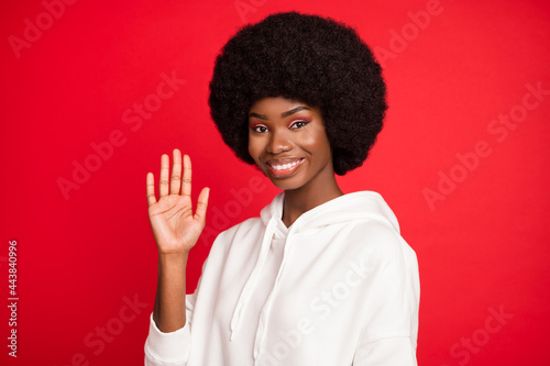 Photo of funny brunette hair young lady wave hand wear white hoodie isolated on red color background