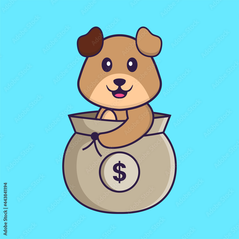 Fototapeta premium Cute dog in a money bag. Animal cartoon concept isolated. Can used for t-shirt, greeting card, invitation card or mascot. Flat Cartoon Style