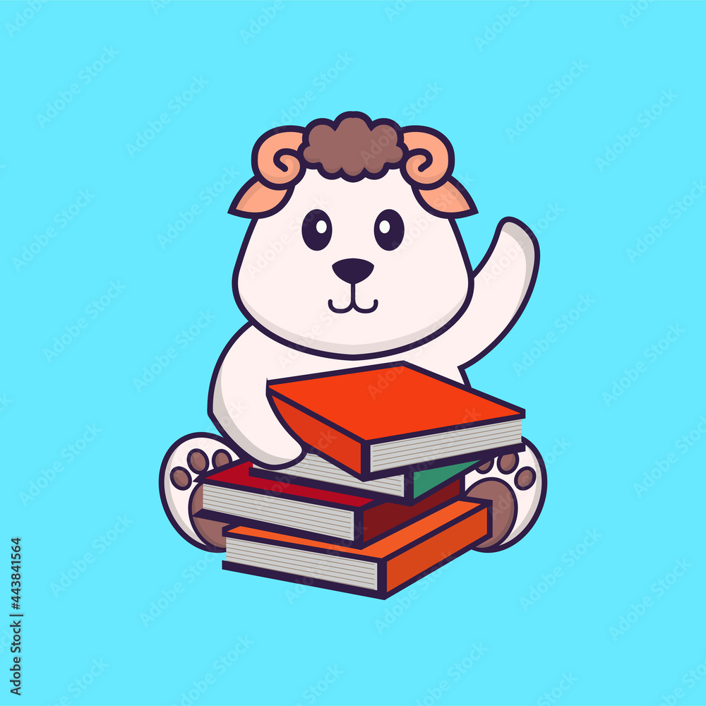 Cute sheep reading a book. Animal cartoon concept isolated. Can used for t-shirt, greeting card, invitation card or mascot. flat cartoon style Cute sheep reading a book. Animal cartoon concept isolated. Can used for t-shirt, greeting card, invitation card or mascot. flat cartoon style