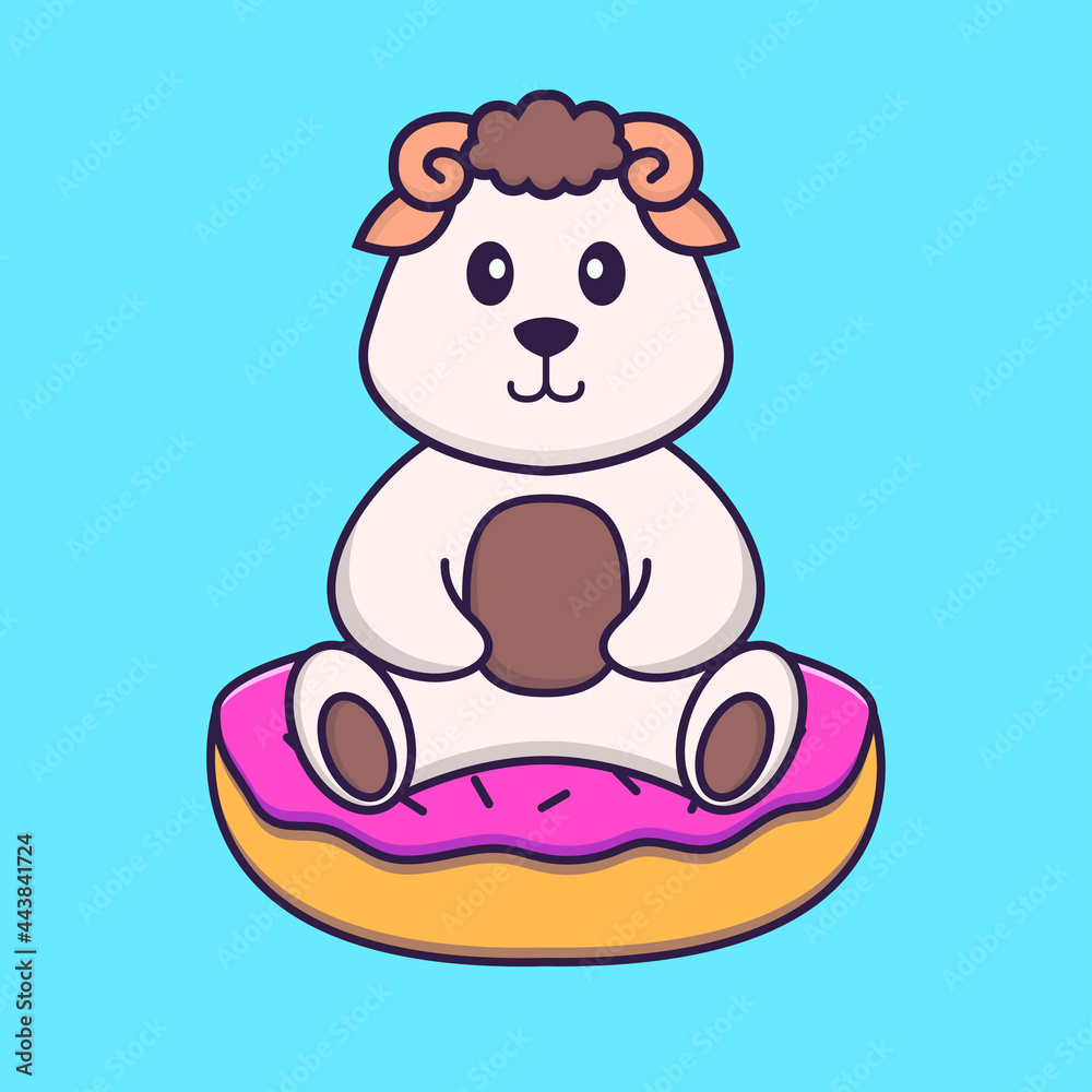 Fototapeta premium Cute sheep is sitting on donuts. Animal cartoon concept isolated. Can used for t-shirt, greeting card, invitation card or mascot. Flat Cartoon Style