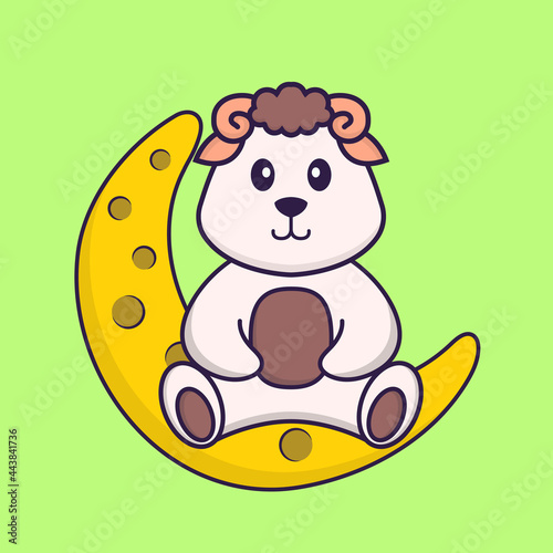 Cute sheep is sitting on the moon. Animal cartoon concept isolated. Can used for t-shirt  greeting card  invitation card or mascot. Flat Cartoon Style