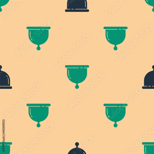 Green and black Menstrual cup icon isolated seamless pattern on beige background. Feminine hygiene. Protection for woman in critical days. Vector