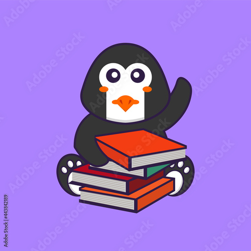 Cute penguin reading a book. Animal cartoon concept isolated. Can used for t-shirt  greeting card  invitation card or mascot. flat cartoon style