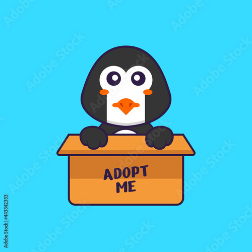 Cute penguin in box with a poster Adopt me. Animal cartoon concept isolated. Can used for t-shirt  greeting card  invitation card or mascot. Flat Cartoon Style