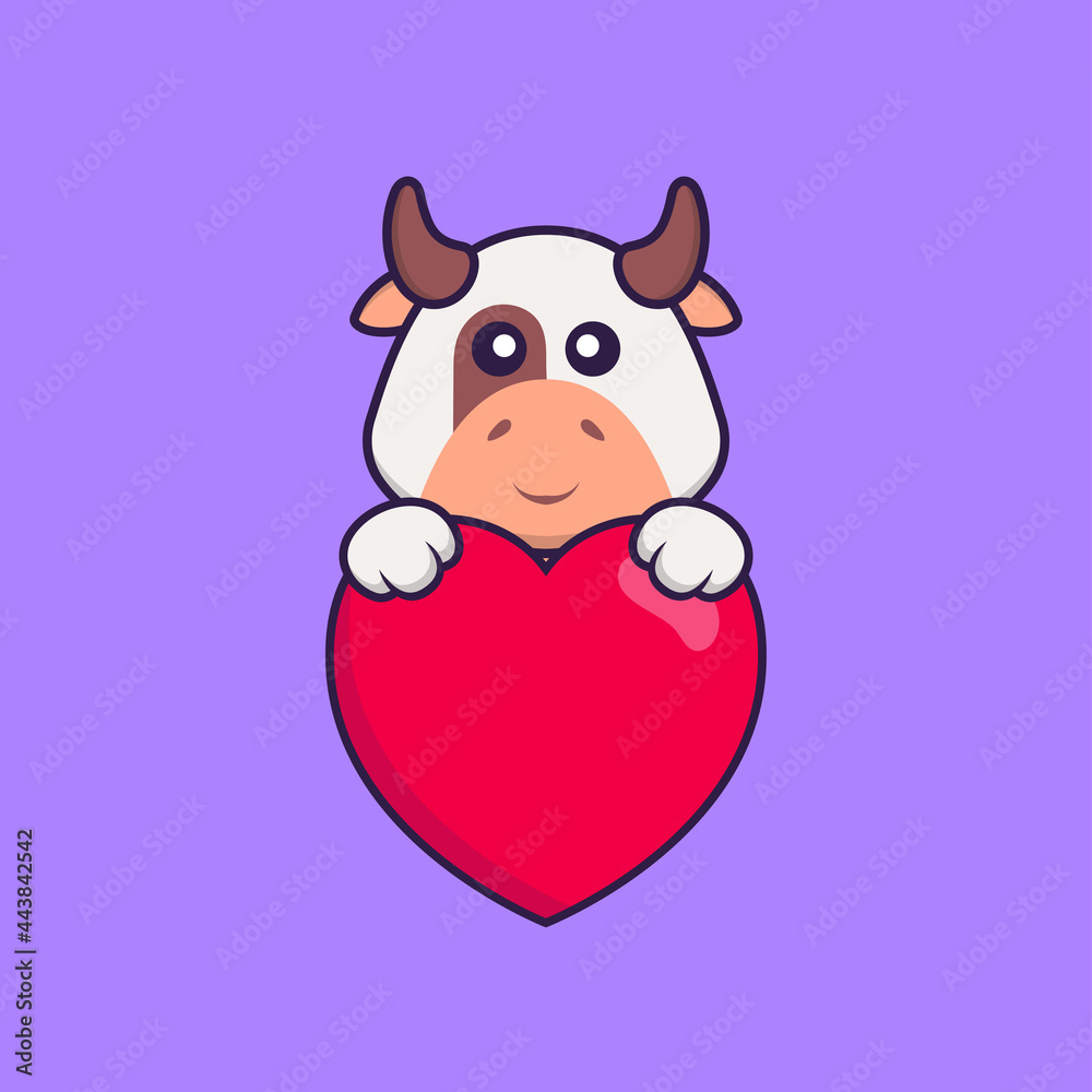 Naklejka premium Cute cow holding a big red heart. Animal cartoon concept isolated. Can used for t-shirt, greeting card, invitation card or mascot. Flat Cartoon Style