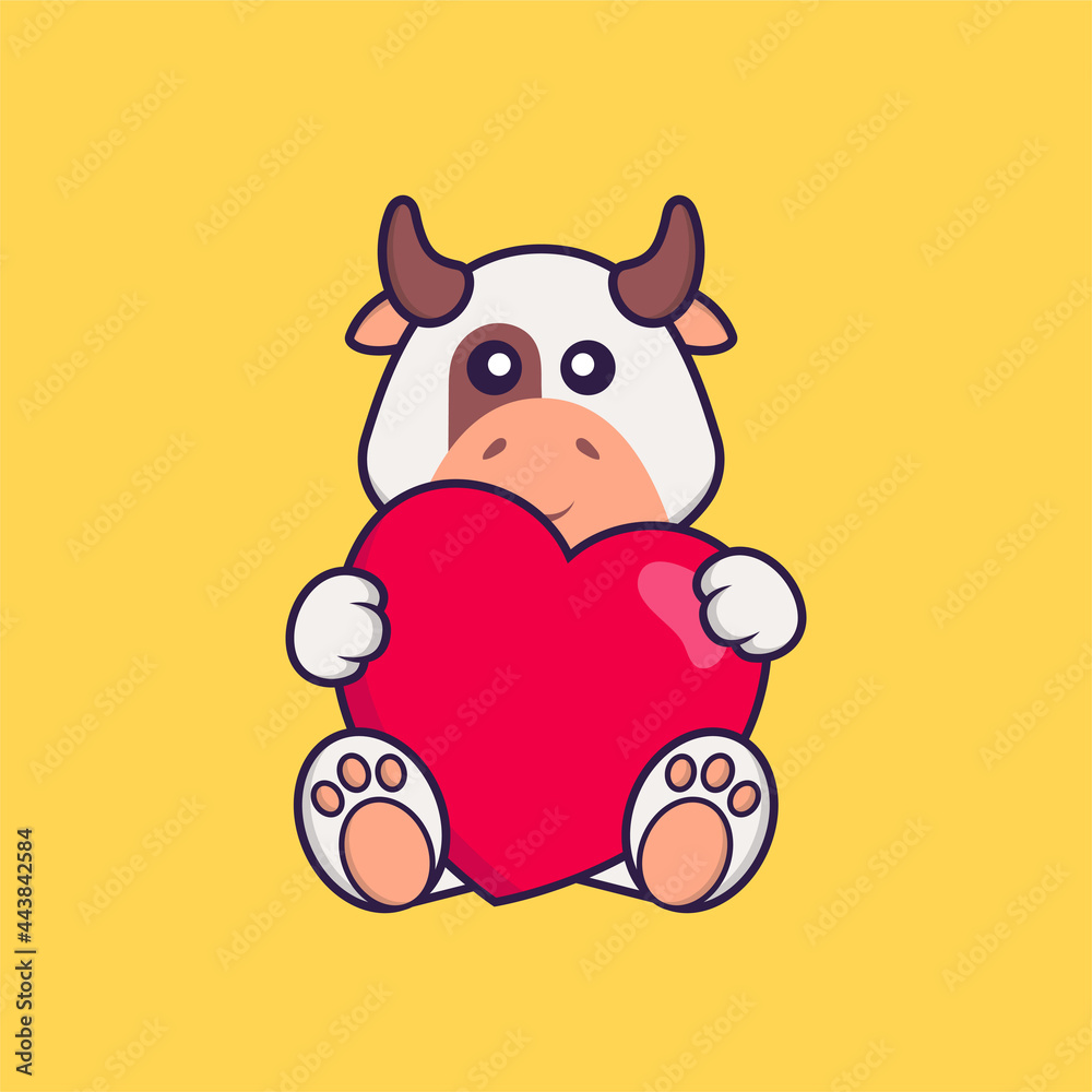 Naklejka premium Cute cow holding a big red heart. Animal cartoon concept isolated. Can used for t-shirt, greeting card, invitation card or mascot. Flat Cartoon Style