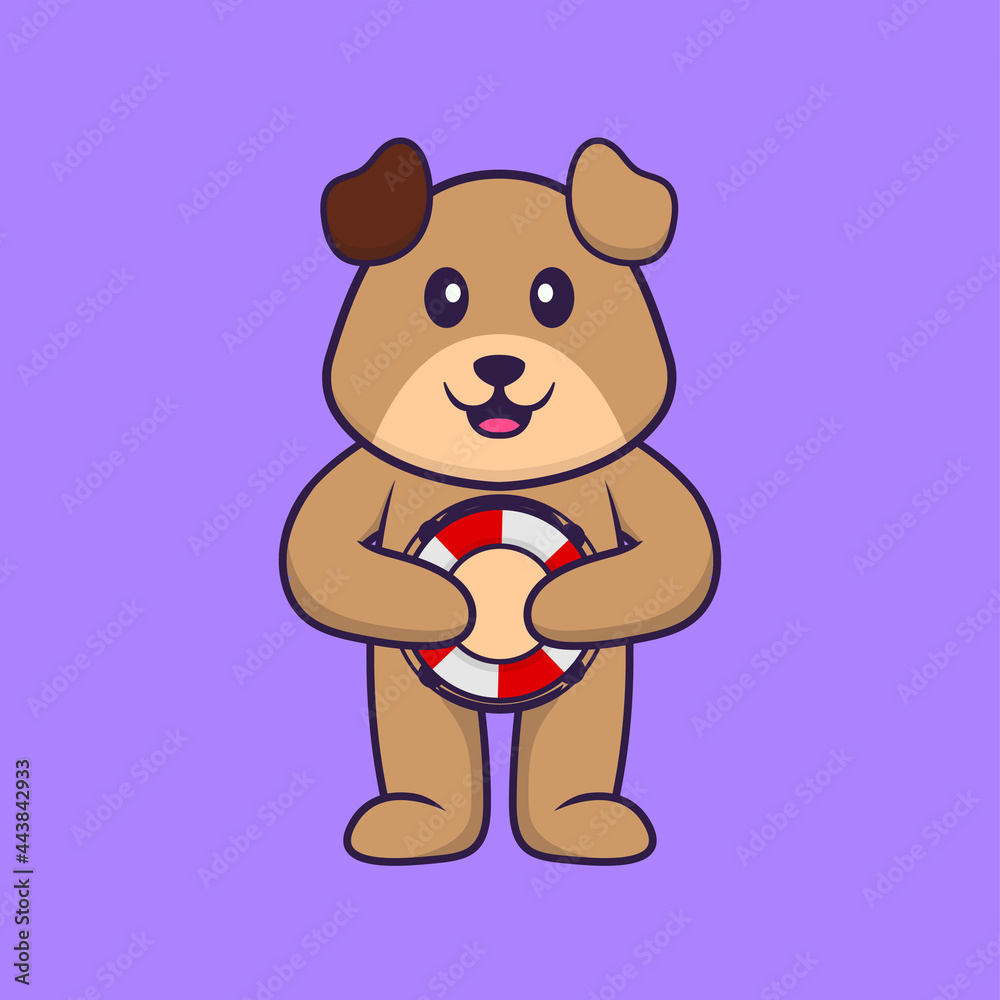 Cute dog holding a buoy. Animal cartoon concept isolated. Can used for t-shirt, greeting card, invitation card or mascot. Flat Cartoon Style Cute dog holding a buoy. Animal cartoon concept isolated. Can used for t-shirt, greeting card, invitation card or mascot. Flat Cartoon Style