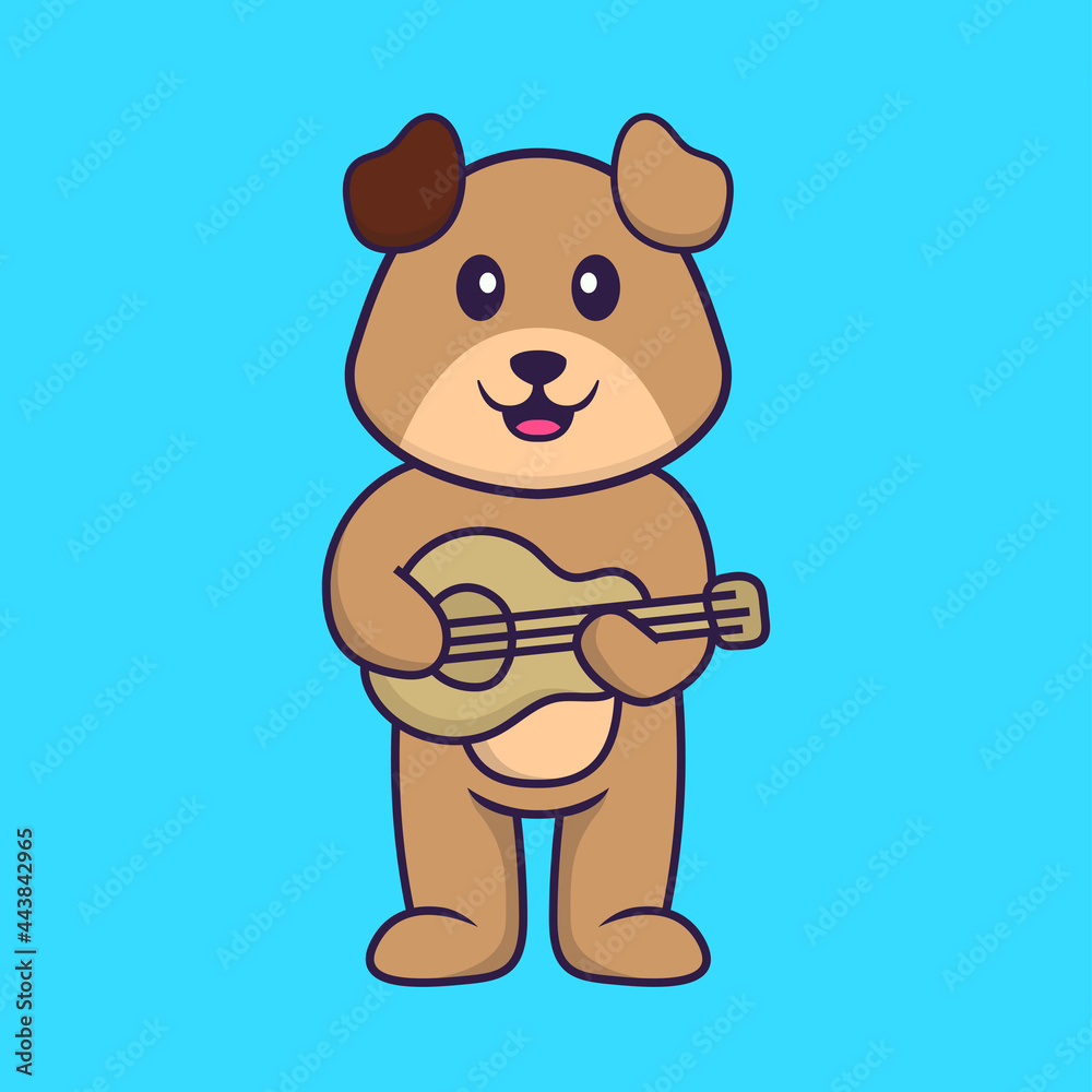 Cute dog playing guitar. Animal cartoon concept isolated. Can used for t-shirt, greeting card, invitation card or mascot. Flat Cartoon Style Cute dog playing guitar. Animal cartoon concept isolated. Can used for t-shirt, greeting card, invitation card or mascot. Flat Cartoon Style