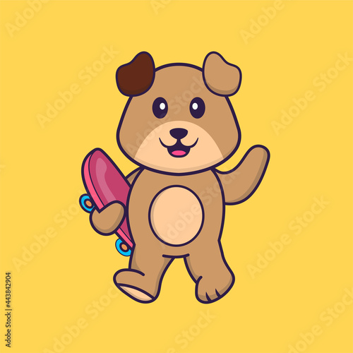 Cute dog holding a skateboard. Animal cartoon concept isolated. Can used for t-shirt  greeting card  invitation card or mascot. Flat Cartoon Style